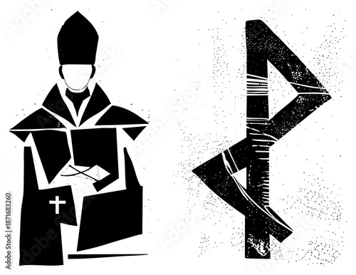Abstract Black and White Bishop and Rune Symbol Vector Illustration