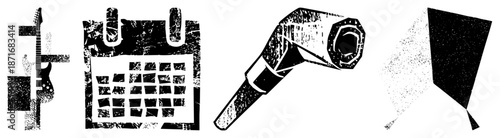 Vintage Guitar, Calendar, Hairdryer, and Flag Vector in Grunge Style