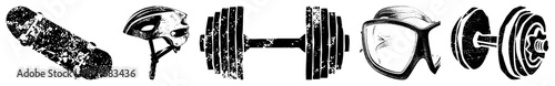 Grunge Styled Skateboard, Helmet, Dumbbell, Mask, and Weight Set