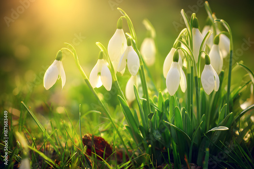 White snowdrops bloom in grass under sunlight during spring, showcasing nature's beauty in a garden setting