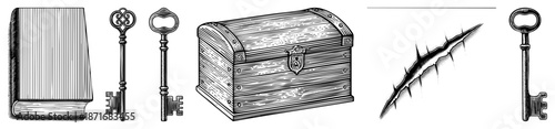 Vintage Book, Ornate Keys, and Wooden Treasure Chest in Vector Illustration