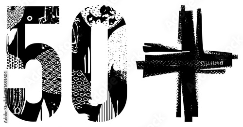 Bold Graphic Number 50 Plus with Textured and Stylized Plus Sign