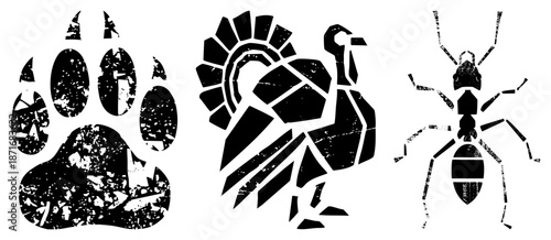 Stylized Animal Silhouettes Bear Paw, Turkey, and Ant in Grunge Vector Design
