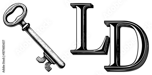 Vintage Antique Key and Bold LD Monogram Lettering Design