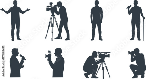 Media professional silhouettes vector illustration, cameraman reporter photographer presenter filming interviewing recording news content, journalism broadcasting concept isolated on white background