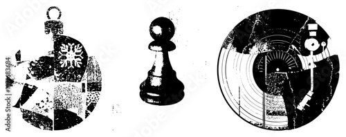 Vintage Christmas Ornament, Chess Pawn, and Record Player Vector