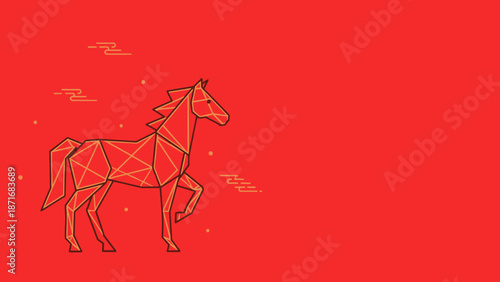 Geometric Red Horse Silhouette with Wireframe Design.