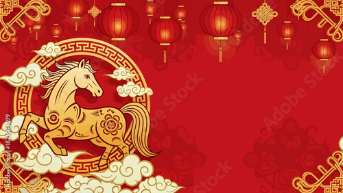 Golden Horse Illustration with Chinese New Year Decorations.