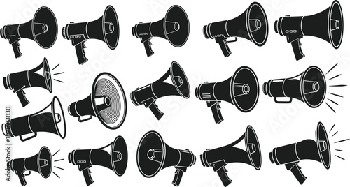 Megaphone loudspeaker silhouette collection, announcement communication icons set, protest marketing promotion alert devices, black vector illustration isolated