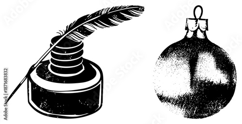 Vintage Quill Pen with Inkwell and Ornamental Christmas Bauble