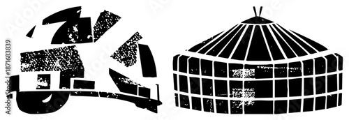 Traditional Yurt and Vintage Truck Silhouettes in Grunge Vector Style