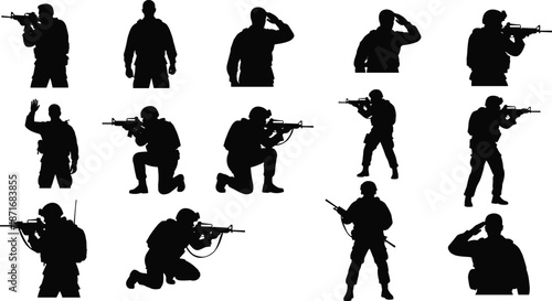 Military soldier silhouette vector illustration set, armed forces combat poses collection, tactical army warriors with rifles icons isolated on white background