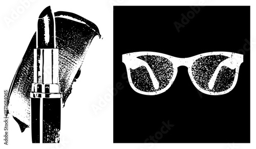 Vintage Lipstick and Sunglasses in Halftone Vector Illustration