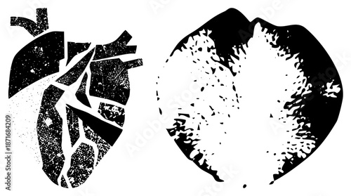Broken Heart and Lips Silhouettes with Distressed Texture
