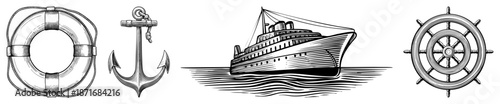 Nautical Symbols Including Lifebuoy, Anchor, Cruise Ship, and Ship Wheel