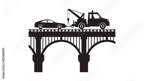 Tow Truck Towing Car on Arch Bridge Vector Icon Silhouette Black Illustration.