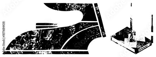 Vintage Sewing Machine and Factory Building Silhouettes in Grunge Style