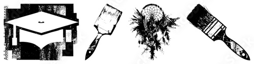 Graduation Cap, Paintbrush, Dreamcatcher, and Brush Set in Grunge Vector Style