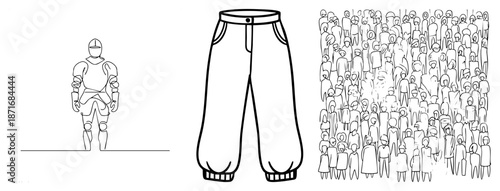 Medieval Knight in Full Armor Standing Beside Modern Pants and Crowd Silhouettes