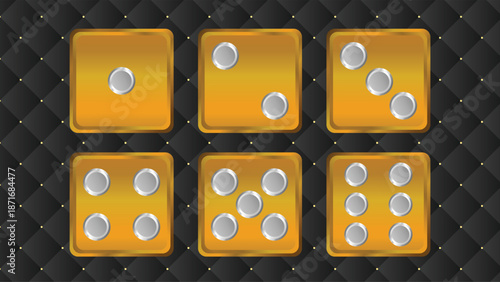 Six golden dice displaying numbers one through six on a dark quilted background.
