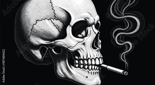 Stippled Human Skull Smoking a Cigarette Vector Illustration on Black Background for Tattoo Art