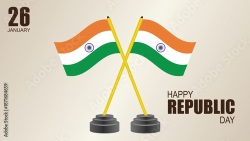 Two Indian flags crossed on stands, celebrating Republic Day on January 26th, with a festive greeting.