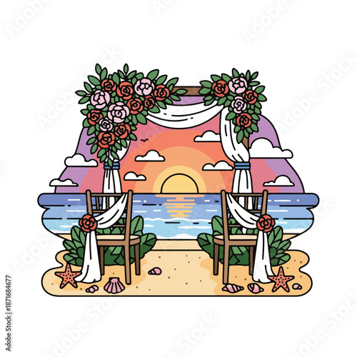 A beach wedding setup at sunset