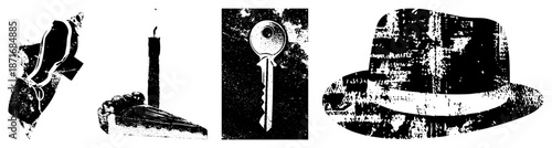 Vintage Key, Candle, Hat, and Shoe Silhouettes in Grunge Texture