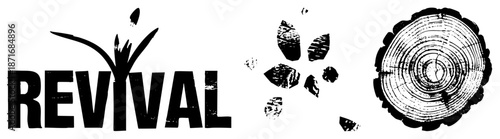 Bold "REVIVAL" Text with Sprout, Cracked Earth, and Tree Ring Logos