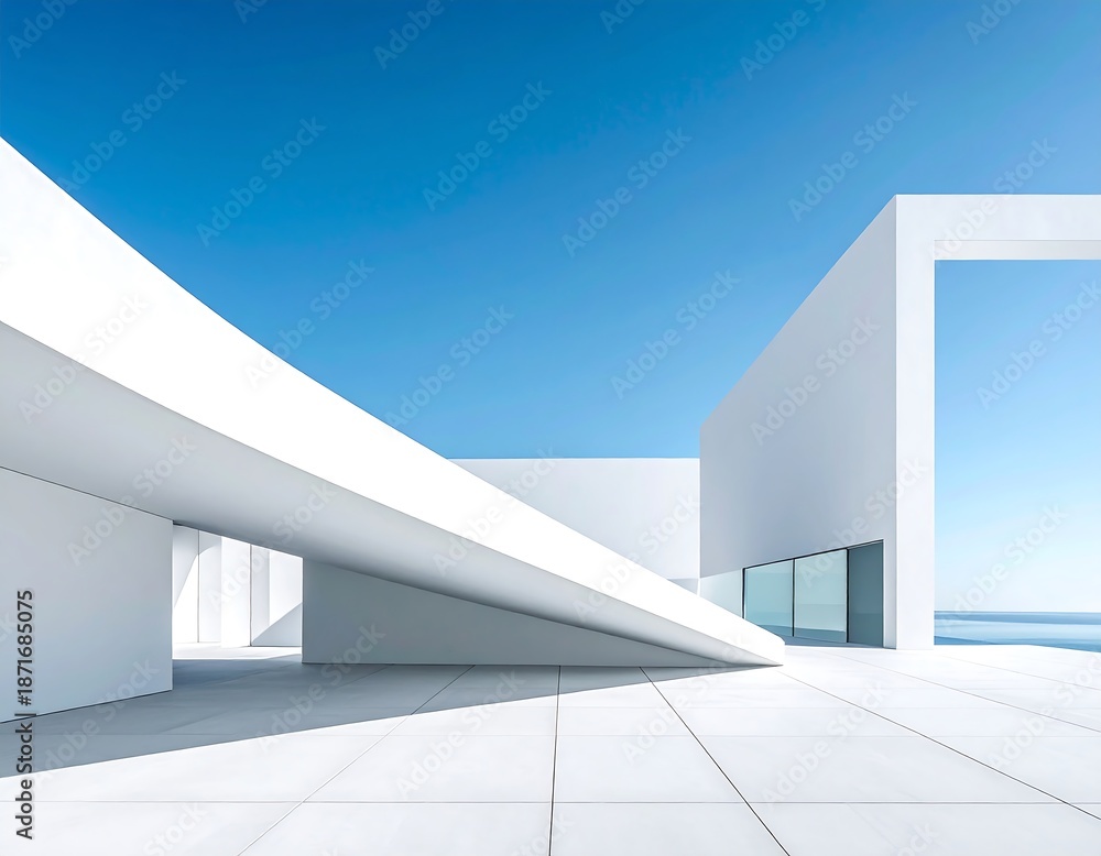 Obraz premium Modern architectural structure against a vibrant blue sky, featuring geometric shapes and an ocean view in the distance