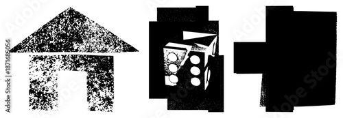 Abstract Geometric Shapes with Halftone Texture in Black and White