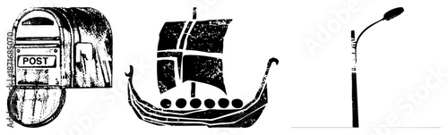 Vintage Postbox, Gondola, and Street Lamp Silhouettes in Grunge Style