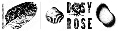 Vintage Halftone Leaf, Scallop, Rose Text & Abstract Dot Gradient