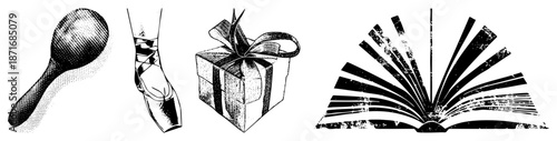 Vintage Halftone Illustration of Maraca, Ballet Slipper, Gift Box, and Open Book