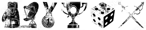 Grunge Styled Victory Symbols Including Boxing Glove, Trophy, and Dice