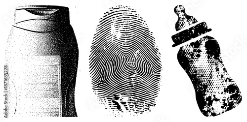 Halftone Vector Illustration of Bottle, Fingerprint, and Baby Bottle