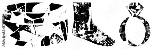 Abstract Fragmented Footprint, Shoe Sole, and Ring Silhouettes in Grunge Style