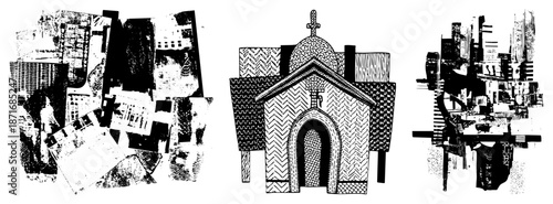 Abstract Architectural Collage Featuring Church and Urban Silhouettes