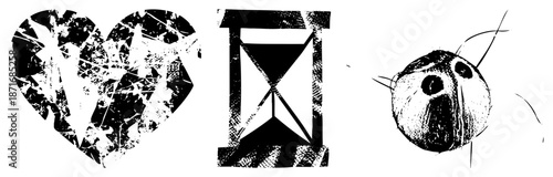 Broken Heart, Hourglass, and Coconut in Grunge Vector Illustration