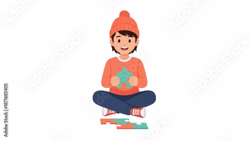 A smiling young person wearing a warm beanie and sweater, sitting cross-legged and holding a teal star puzzle piece, with other colorful pieces scattered nearby.