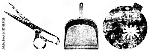 Vintage Halftone Scissors, Dustpan, and Ornamental Bomb Cutouts