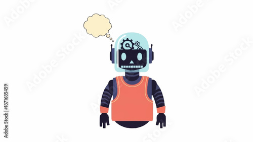 Cartoon robot thinking with gears and a magnifying glass inside its head, a thought bubble above.