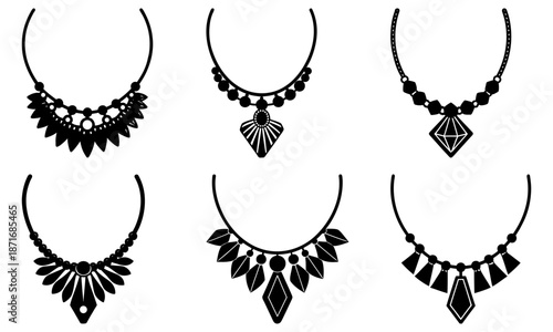 Set of five black and white decorative necklace silhouettes on transparent background jewelry pendant