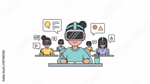 Cartoon students using virtual reality headsets for interactive learning and immersive educational experiences.