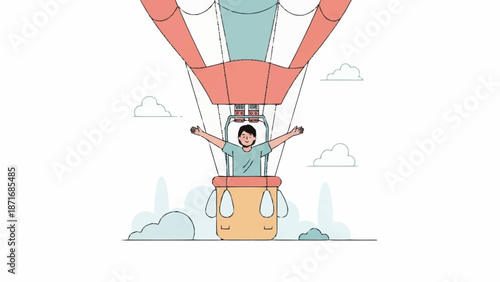 Joyful person flying high in a colorful hot air balloon, embracing freedom and adventure.