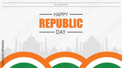Happy Republic Day greeting card with Indian flag colors and monument silhouettes, celebrating India's national holiday on January 26th.