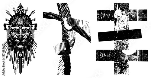 Abstract Black and White Graphic Art with Halftone and Geometric