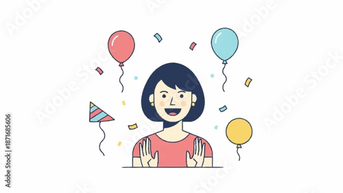 An excited cartoon woman with short dark hair smiles broadly, surrounded by colorful balloons, falling confetti, and a festive party hat, celebrating joyfully.