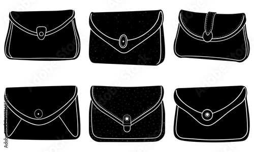 Six Black Clutch Purses with Different Closures on White Background envelope clutches button closure