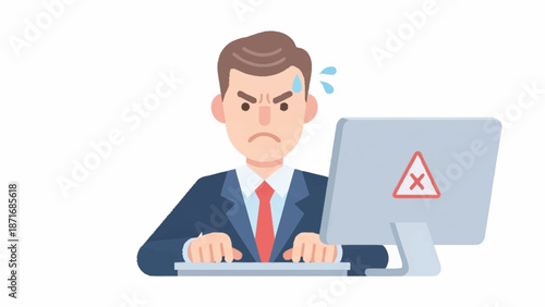 Frustrated cartoon businessman sweating while encountering a computer error message on his desktop monitor.